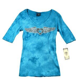 Sledge USA Women Small Shirt  Blue Rhinestone Winged Heart V Neck Tee 3/4 Sleeve